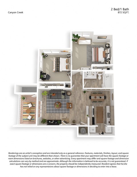 Floor plan for 2 beds, 1 bath, 872 sqft
